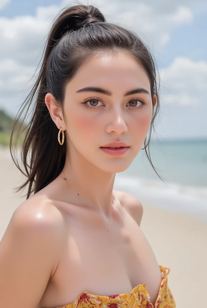 ((best quality)), ((Meisterwerk)), (detailed), perfektes Gesicht
A 21 Years Old Girl Slick Back Black Full Hair, Curvy And Fit, tan skin, At A Beachbar wearing beach outfit. Candid Portrait, Natural Beauty, Class