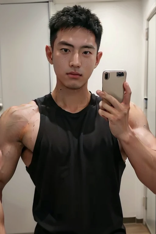 arafed young man wearing tank top, sweaty body taking selfie with mobile phone, korean muscle guy 2, showing biceps, big biceps, hairy muscular arms, toned, wearing muscle t-shirt, skinny arms, showing big muscles, showing muscles, wet armpit, big muscles, wearing deep cut tank top, veiny muscle detail