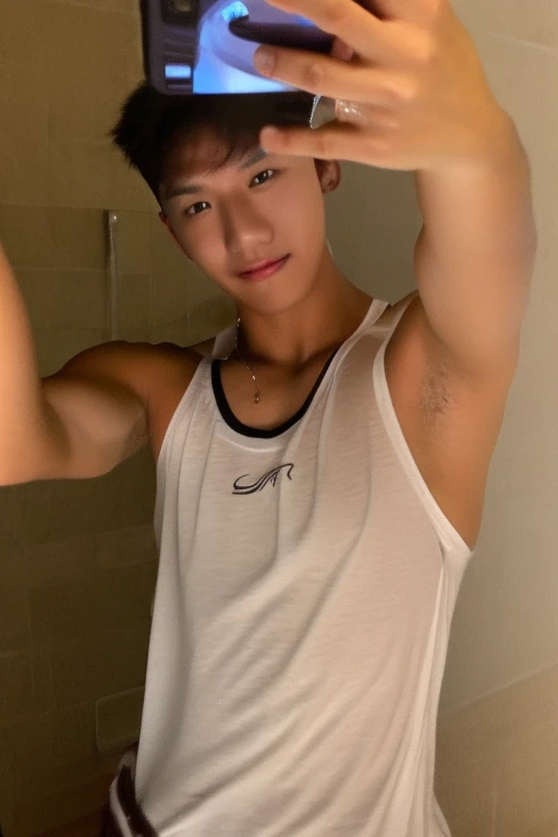 arafed young man wearing tank top, sweaty body taking selfie with mobile phone, korean muscle guy 2, showing biceps, big biceps, hairy muscular arms, toned, wearing muscle t-shirt, skinny arms, showing big muscles, showing muscles, wet armpit, big muscles, wearing deep cut tank top, veiny muscle detail