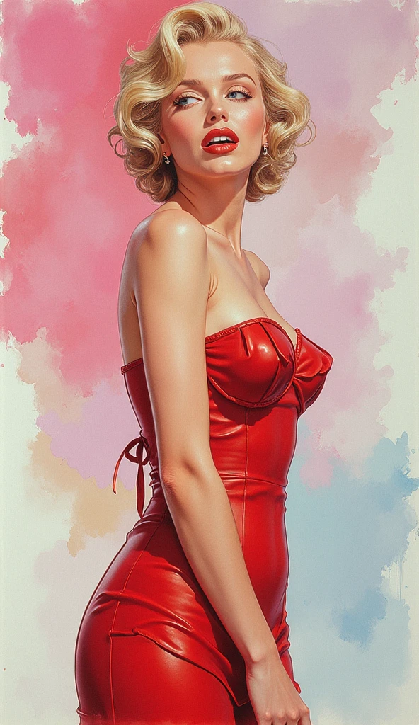 20 years old marilyn Monroe sitting on the ground sheet, medium breast,  pin up style,s exy, surprised, up skirt, flowing skirt,  colorful , masterpieces, illustrated, shining skin, detailed face, Medium breast. tight body.
