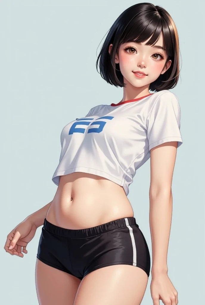 ((masterpiece, best quality)),((highres:1.2)), 1 Girl, solo, Blurred Background, (((Small breasts))), Thighs, (Stripe underwear), Union Jack T-Shirts, nipple, short hair, 