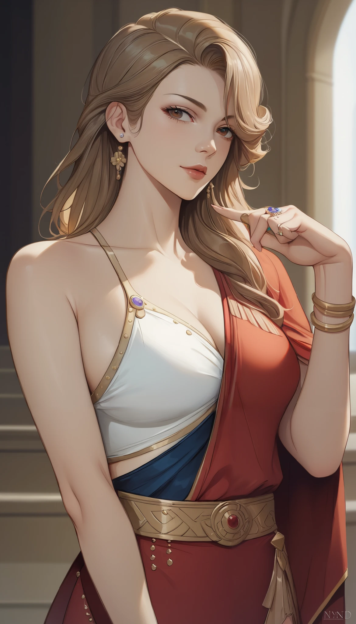 ((top quality)), ((masterpiece)), ( details), (perfect face)、(One woman:1.8)、No background、(There are no people around:1.8)、 that woman is Princess Leona , medium length light brown hair、and an engagement ring、beautiful woman、 The woman is a beautiful Armenian man wearing an Armenian national costume.