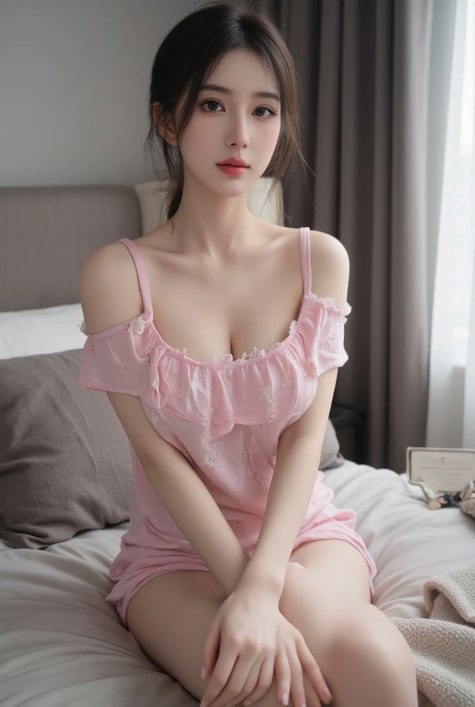 ((The yukata is open and underwear is visible.、The yukata is about to come off on the bed.))、A woman lies on her back on a bed、23 year old Japanese woman、Embarrassed look、Blushing、Medium breast、C cup bust、(White and pink yukata、Blue bra and panties)、barefoot、Double bed、At home in the bedroom、Indoors、Depth、((Highest quality、high resolution、High resolution、masterpiece))、RAW Photos、Clear photos、Professional Lighting、((Canon EOS 5D Mark4))、Photographed by a professional photographer、Direct your gaze this way、Detailed face、Detailed eyes、Beautiful eyes、Glossy lips、Realistic skin texture、Beautiful clavicle、Beautiful neck、Short Hair、Delicate hair、Beautiful feet、Her chest and legs are exposed from her yukata.、(Affair after the Summer Festival)、Narrow waist、Thin arms、Pretty face、Perfect proportions、Anatomically correct、Perfect limbs