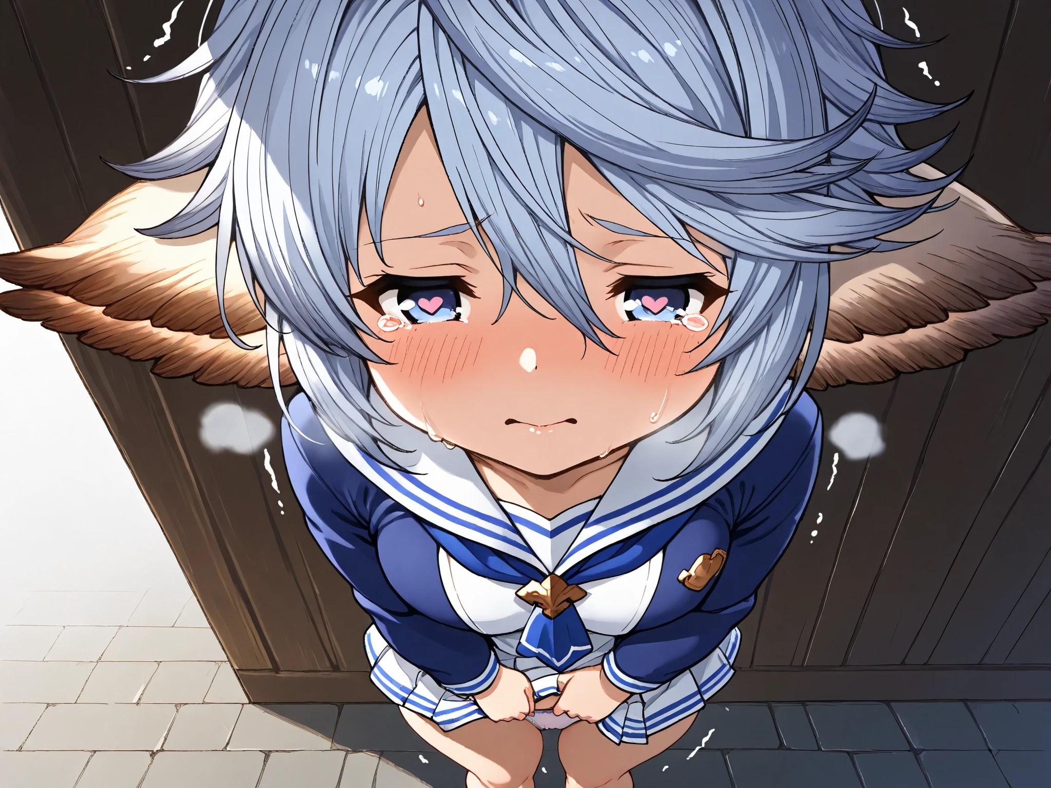 wamdus(granblue fantasy)  small breasts,sweat,blush,wet,perspired,trembling, Costume,heavy breathing,half undress,silver blue hair,Harvin,Short Hair,school uniform, sailor suit, traditional Japanese style with navy blue and white colors, detailed ribbon and pleated skirt,panties aside,drunken eyes,aroused,in heat,embarrassed,tears,tears目,school girl,blazer from above the bar,heart eye,Open up,Standing,