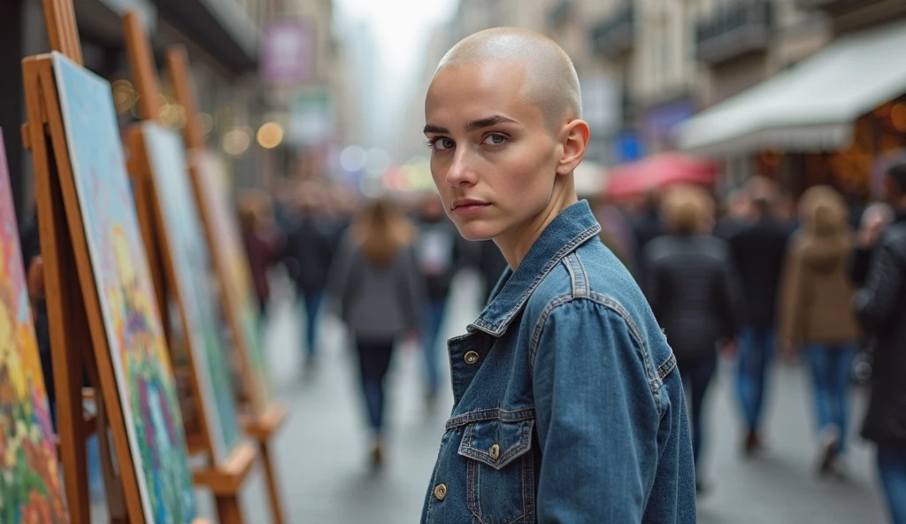 SineadOConnor, (buzzcut haircut:1.3), 1girl, ((Futurism movement portrait, bustling Tokyo street at night, speed, technology, modernity, dynamic motion, blurred lights:1.3))