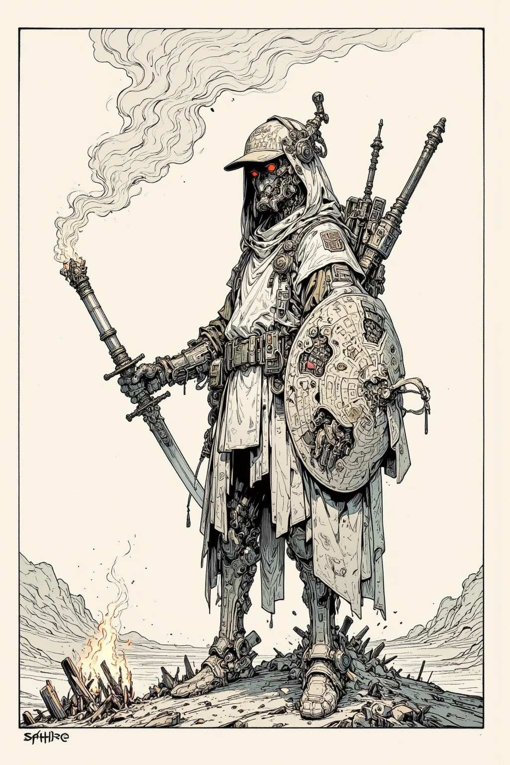 Picture of a Traveller Man Bonfire in the Desert,Minimalistic Desert,Bonfire Smoke Is an Abstract Symbolic Depiction, Very thin inkline   , More about ultra-fine ink,  Draw with a single line,  ink outline , Ultra-fine details, hand drawn,  Very thin inkline   ,   painting is a picture of a mechanical soldier holding a shield and swinging down his sword  , Line drawing,  Black Outline Illustration , Fine line drawing