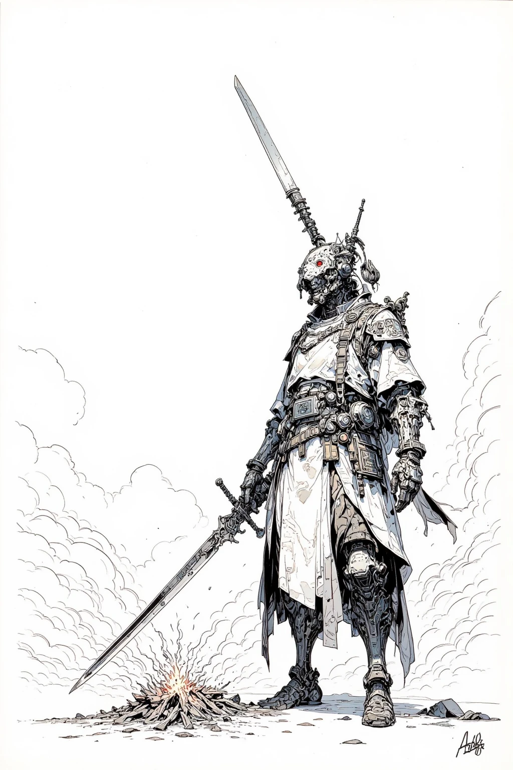 Picture of a Traveller Man Bonfire in the Desert,Minimalistic Desert,Bonfire Smoke Is an Abstract Symbolic Depiction, Very thin inkline   , More about ultra-fine ink,  Draw with a single line,  ink outline , Ultra-fine details, hand drawn,  Very thin inkline   ,   painting is a picture of a mechanical soldier holding a shield and swinging down his sword  , Line drawing,  Black Outline Illustration , Fine line drawing