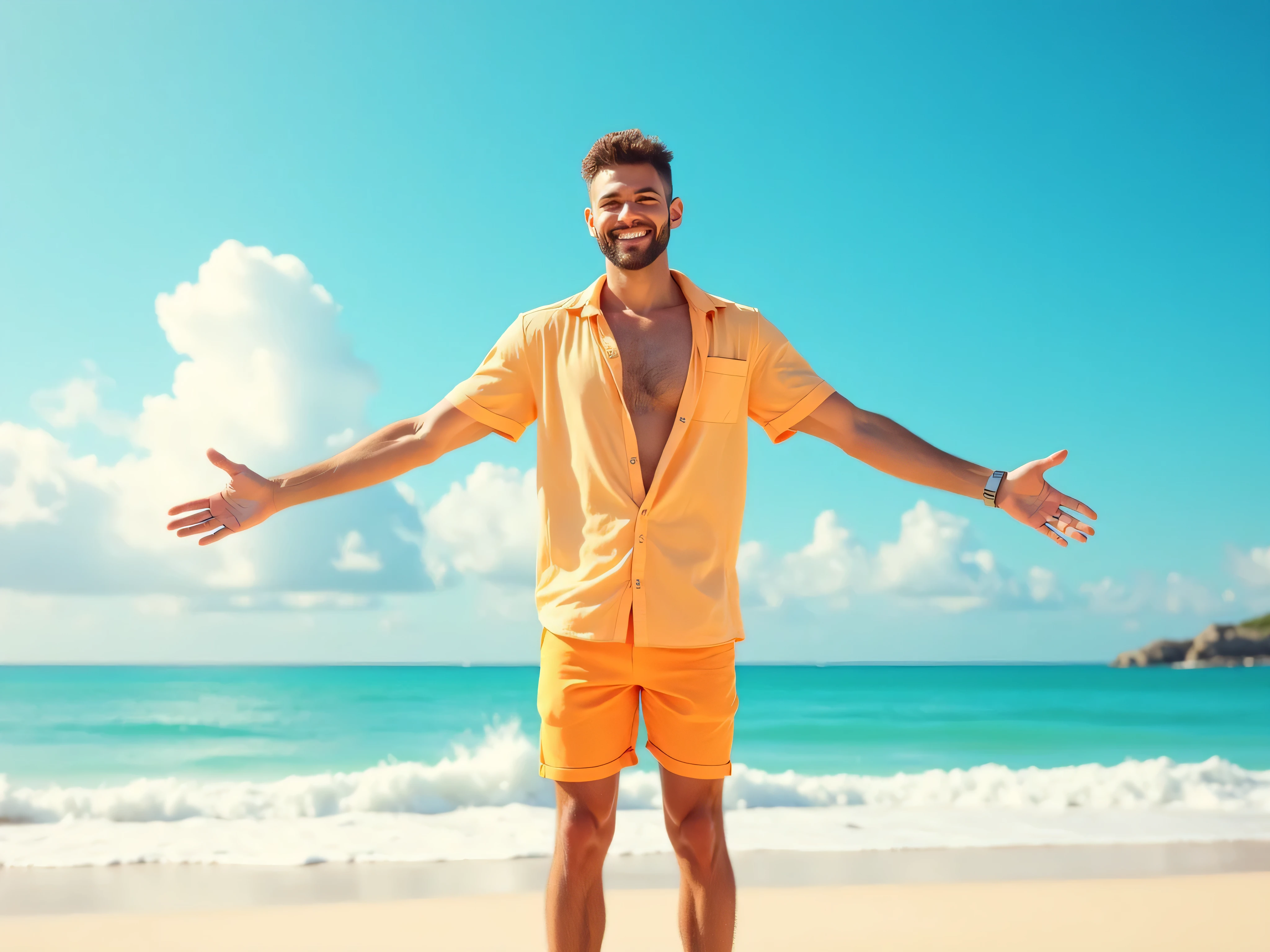 Make a picture of a young man dancing reggae on the beach, young latin, glad,
