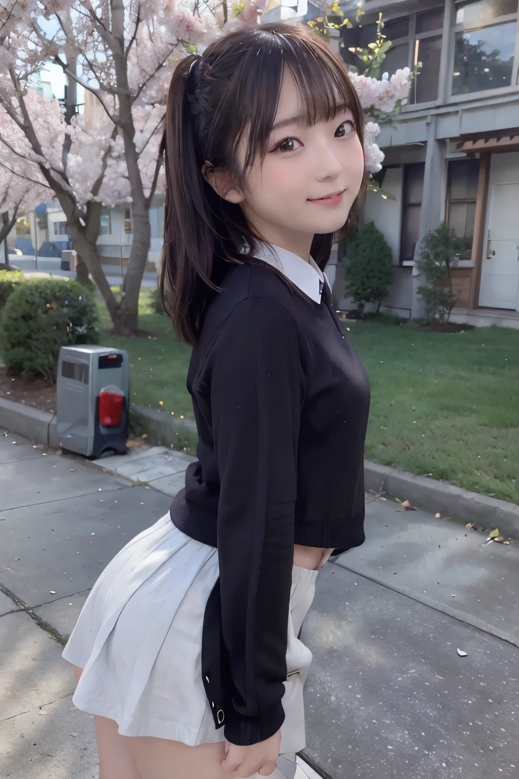 8k, raw photo, best quality, high resolution, realistic, photorealistic, extremely detailed 8k wallpaper, beautifully detailed eyes, finely detailed exquisite face, 
 break 
rim lighting to underbuttocks, 
 break 
cherry trees in spring:1.1, (school yard), light twilight, 
 break 
perfectly anatomically correct:1.2, 
 break 
1 female, kawaii like an idol:1.2, very short twintails, 
proudly showing off realistic protruding buttocks to us, 
wrinkled raw underbuttocks, [plump feet], 
symmetrical clear eyes, chocolate color eyes with captivating reflections, 
[symmetrical face line, stereoscopic projection], 
small eyes:1.1, tareme, wide-set eyes, [round face], [rounded jaw], [chiseled face], 
spring school uniform formally:1.1, 
smiling, ecstasy, [looking back viewer], 
 break 
dynamic angle, from side, bokeh