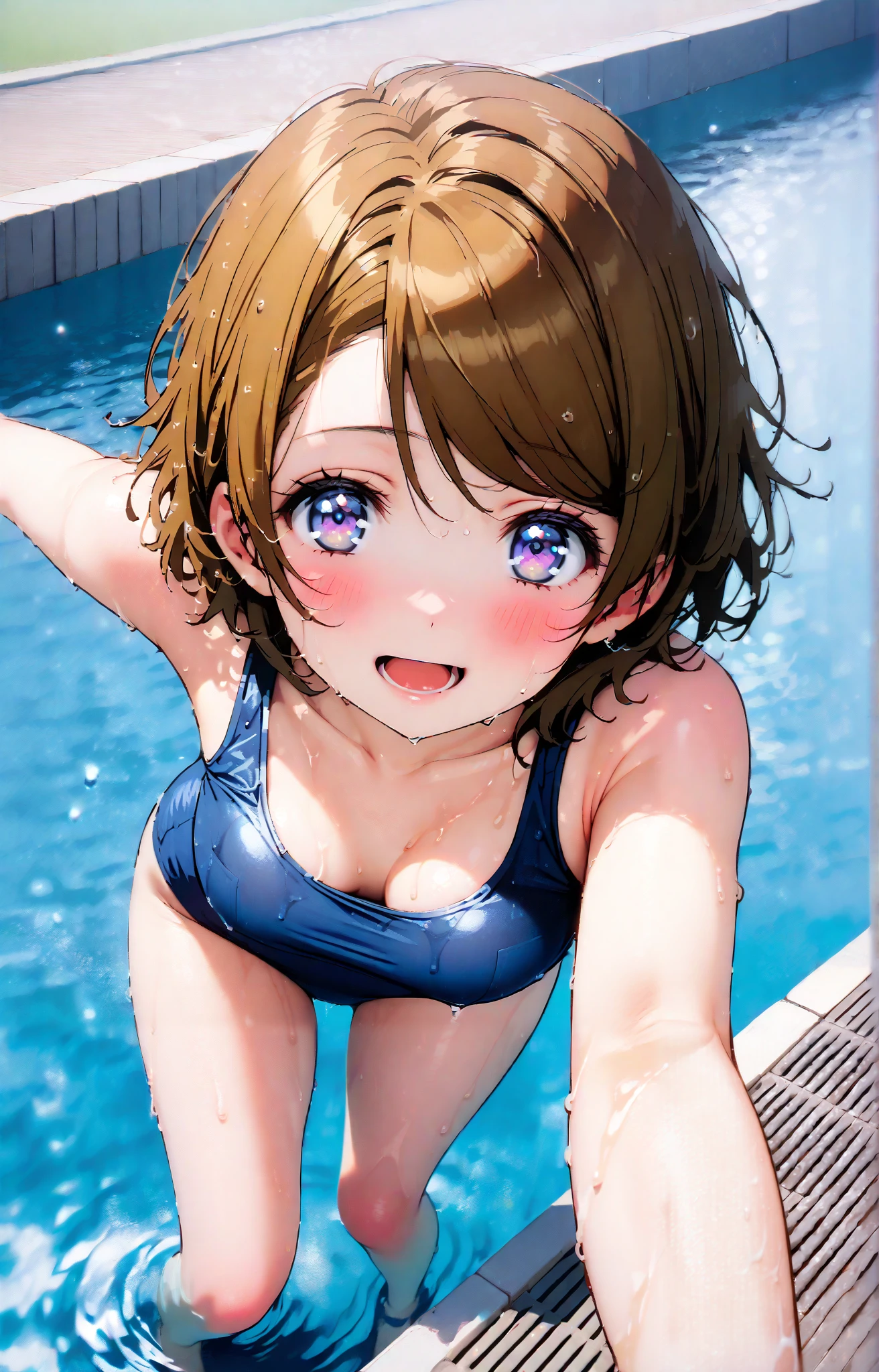 Hanayo Koizumi, Alone,short hair, brown hair, purple eyes,smile,blushes,open their mouths,Medium breast,old school swimsuit, school swimsuit, blue one-piece swimsuit, one-piece swimsuit, swimsuit, Belly button cover, wet swimsuit, collarbone,, poolside, pool, Splash,wet skin,wet hair,Submersion,noon,standing,full bodyがイラストに入るように,break outdoors, 学校 pool,
break looking at viewer,full body,
break (masterpiece:1.2),top quality , kampala, Unity 8K Wallpaper ,(shape:0.8),( fine, beautiful eyes :1.6),It's a person ,full body写真,CG Details , (perfect hands with full nudity,complete anatomy),