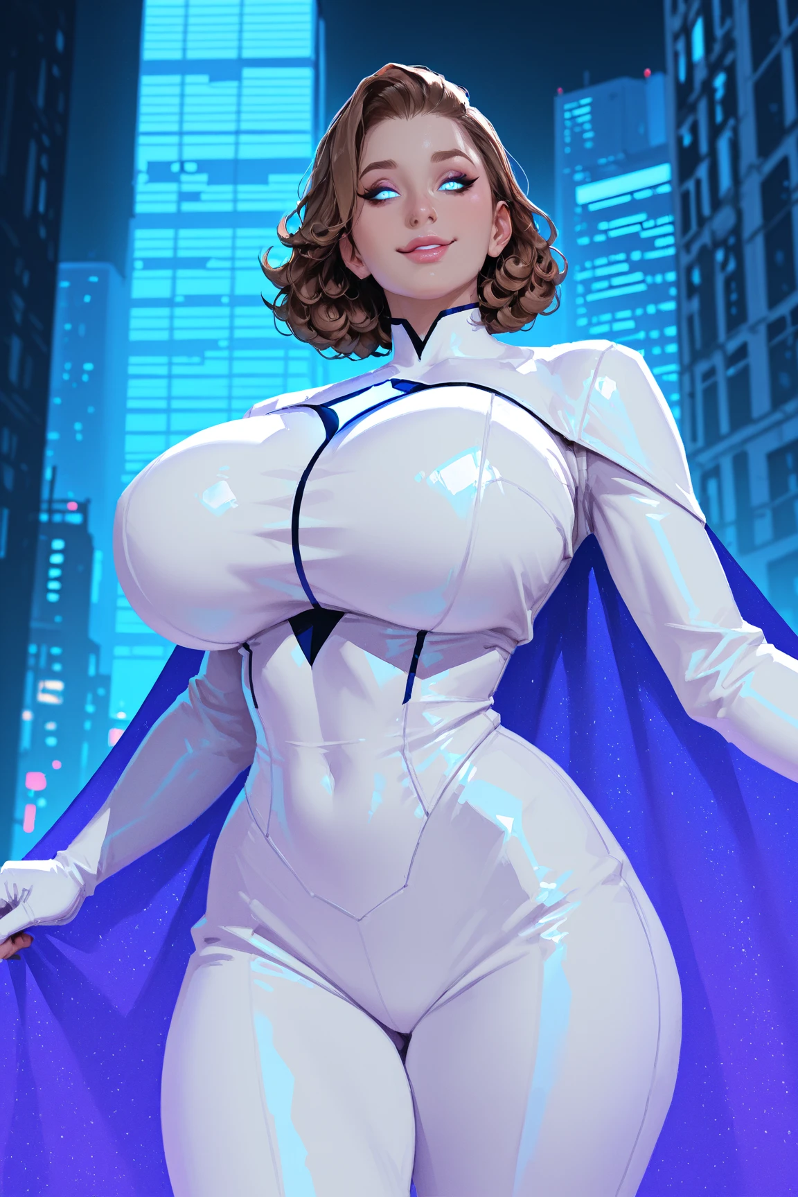 (masterpiece:1.2, best quality:1.2, beautiful:1.1, high quality, 4k:1.1, aesthetic), ,((areola_slip)),erect_nipples_under_clothes, aesthetic)),detailed, extremely detailed, ambient soft lighting, flawless, hire. wavy black hair, silver highlights,black thick lips, beautiful long legs, glowing skin, goofy smile, silver ponytail, white bodysuit,((bodysuit with silve details)), gloves, silver neckline,((Black cleavage)),{Full body}(((full body standing))),(((strapless))),((silver heart shaped neck necklace)),(((city at night, on top of a building))), watching like a hero,{((silver details throughout the costume))}. (((white hearts in the air surrounding the body))). (((List provides sides on the thighs))),(((silver pointed shoulder pads up))),(((long cape on the coast))).