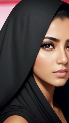 brown, brown complexion, realistic, with modern hijab, big black eyes, aspect arabe, big nose, undefined eyebrows, teint lisse,