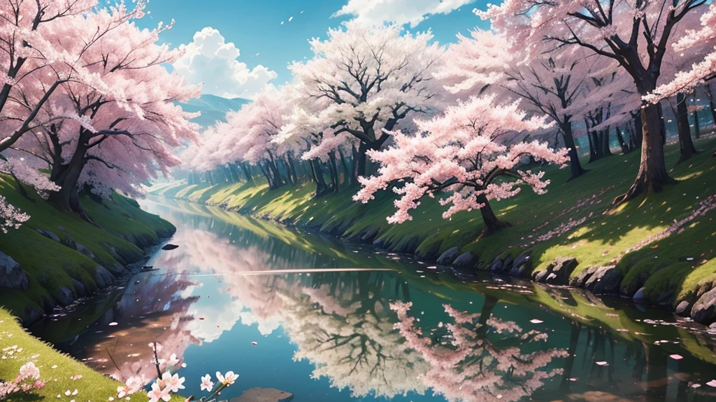 top quality、masterpiece、 Landscape、beautiful scenery、cherry blossoms in full bloom、 petals、4K、photography realistic、real、professional、vivid color、Bokeh、Delicate wood texture、soft light、Green leaves、 Compa、 clear sky、 White Clouds 