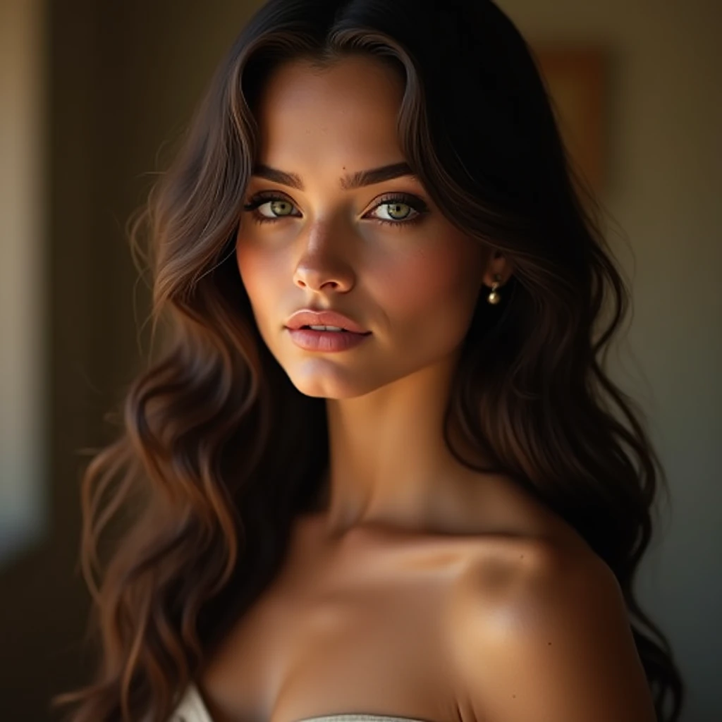 (photorealism:1.2), beautiful woman, wearing black top short , long curly hair, indoors, soft lighting, looking at the camera, more realistic, light eyes