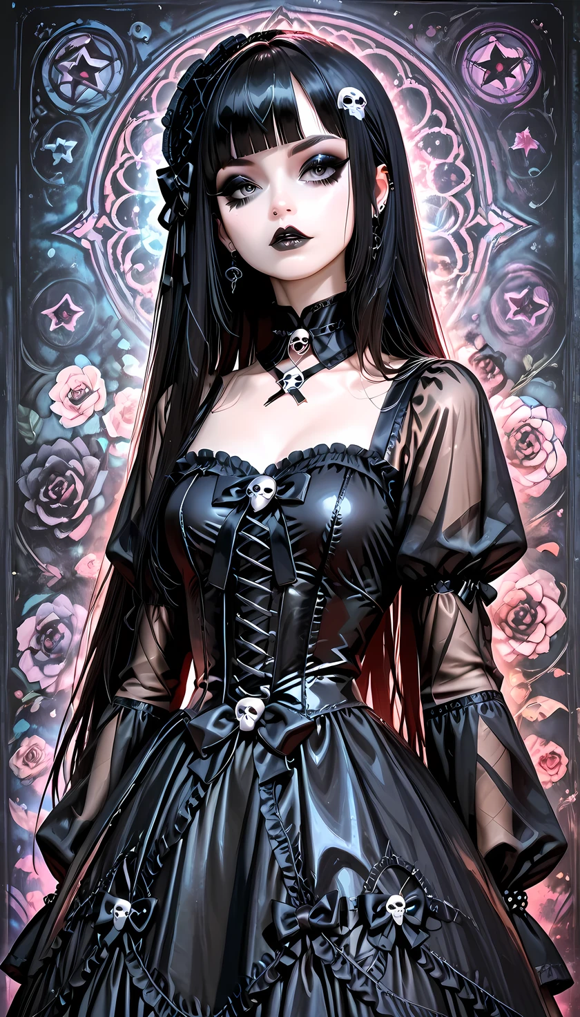 Punk rock star 、Arrange a gothic ta style dress、 black hair、dark eyeliner、long hair、straight hair、psychedelic