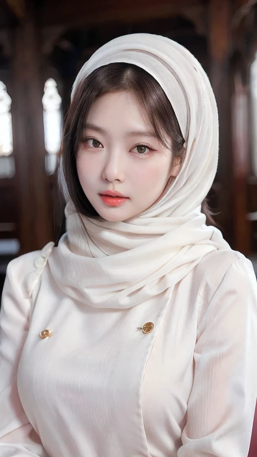 Wallpaper 8k, beautiful girl wearing hijab, naturally beautiful, pale white skin face, Korean girl hijab, wonderful hijab, elegant clothing, opening jacket, playing in the snow, making a snowman,
