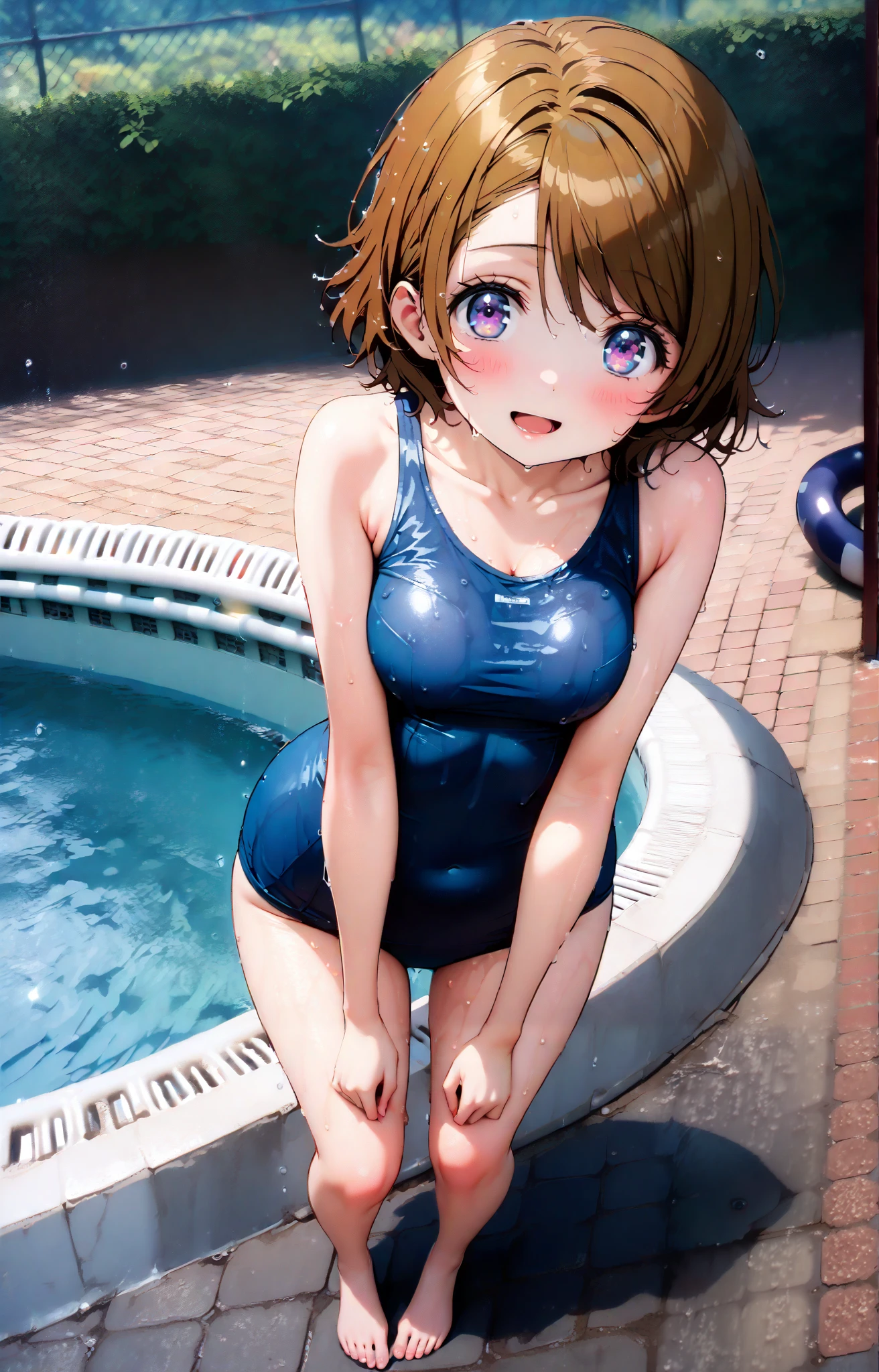 (perfect hands),(1 girl), brown bob hair,Little,messy hair, ,(orgasm face),, masterpiece, highest quality, ultra high resolution, 8k, professional lighting, photon mapping,low saturation,Front view, full length, realistic background, shallow depth of field, perfect anatomy,,((cute:1.4)),(:1.5),(I was scared:1.6)、(half closed eyes),(bite your lower lip)、(blush:1.8) 、(spread your legs:1.3), (from below), (raise your legs:1.3). (missionary:1.3), (nude), (NSFW:1.1), Raise the hand, (missionarypose), small breasts, (Sweat:1.2), ((sex:1.4)), ((pen:1.5)), (throw:1.5),((the person above:1.2)),((man's legs:1.4)),(Lying :1.5),,((moving line:1.8)),(nipple:1.5),(orgasm face)、(school poolside:1.4)、(Navy School Swimsuit:1.4)
