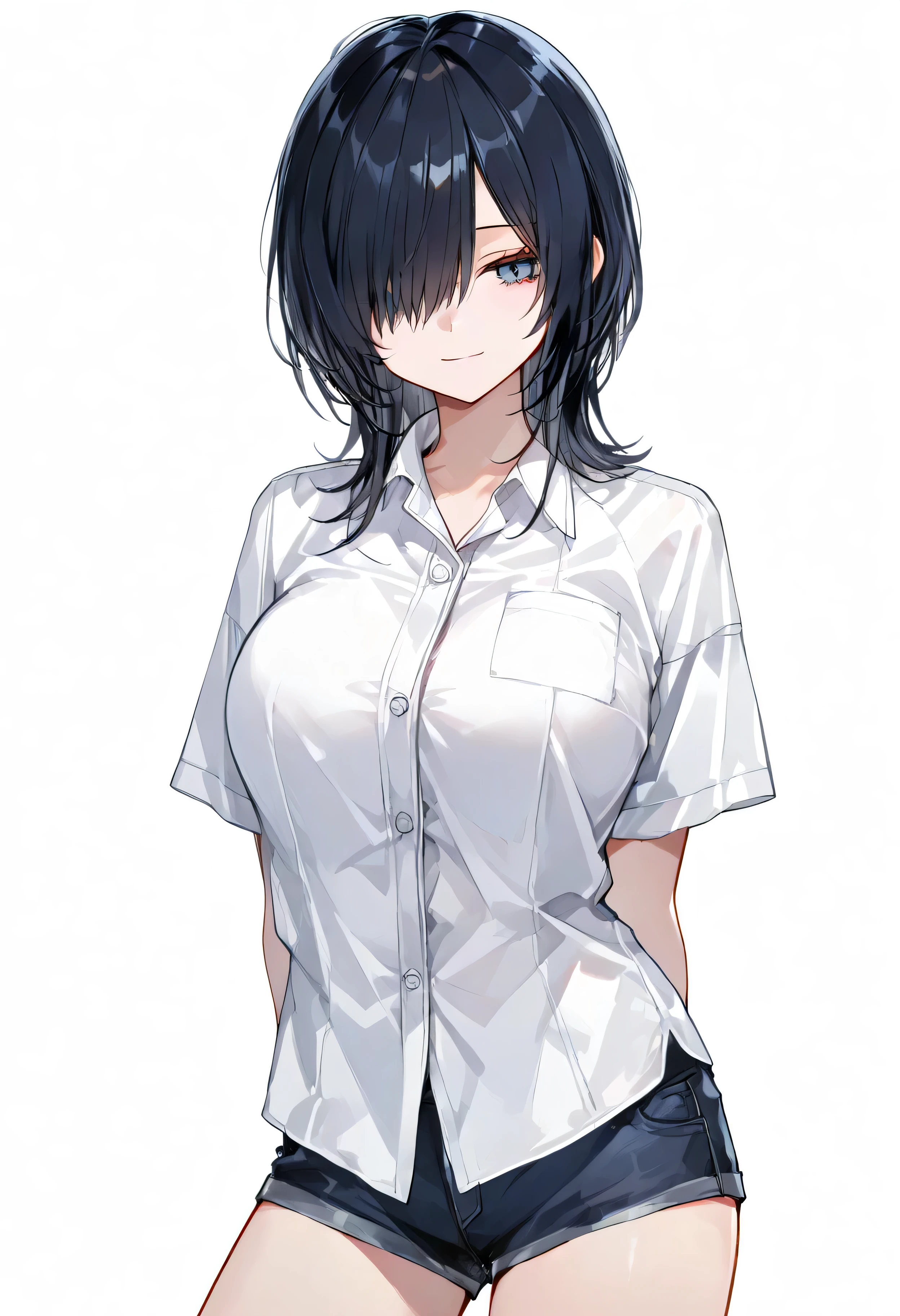 748cmstyle,white background,hair over one eye,tachi-e,cowboy shot,light smile,black hair,light blue eyes,big breast,dress shirt,short shorts,Short Sleeves,arms behind back,contrapposto