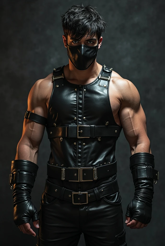 a muscular shirtless arabian man, leather harness, briefs, black gloves, outdoor, dark short hair, (best quality,4k,8k,highres,masterpiece:1.2),ultra-detailed,(realistic,photorealistic,photo-realistic:1.37),portrait,dramatic lighting,cinematic composition,chiaroscuro,moody atmosphere,intense gaze