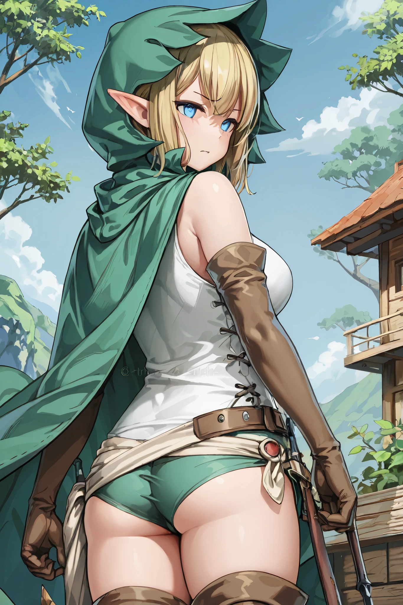 A young, light-skinned female elf, with shoulder-length blonde hair and light blue eyes, is depicted in a three-quarter view. She is holding a sword in her right hand and wearing a light green hooded cloak, a white tank top, dark olive-green shorts, and brown leather boots with decorative details. Her arms have brown leather arm guards. She wears a brown leather belt with a large buckle. The elf is positioned slightly left of center in the frame, facing the viewer. Her expression is serious but not hostile. Her body type is slender, with toned legs. The setting is an outdoor landscape with a hillside and a simple wooden cabin in the background. The colors are muted, warm earth tones, with accents of green and brown, creating a stylized, anime-like aesthetic. A light source appears from the upper-left, highlighting her features and the details of her clothing. The overall style is reminiscent of a fantasy game character illustration. The perspective is from a slightly elevated position. The composition is clear and focused on the elf figure. The atmosphere is calm and adventurous.
