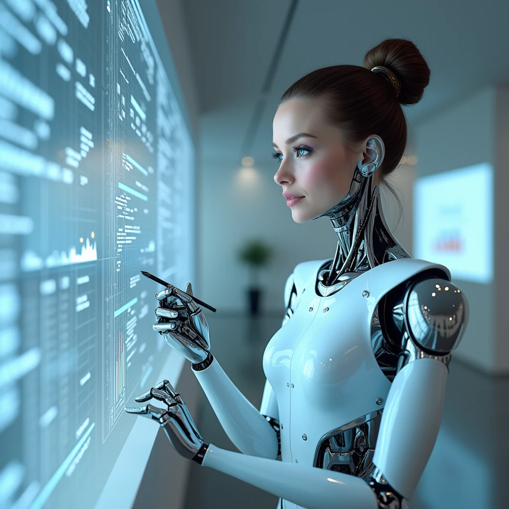 robotic beautiful girl . writing on the screen