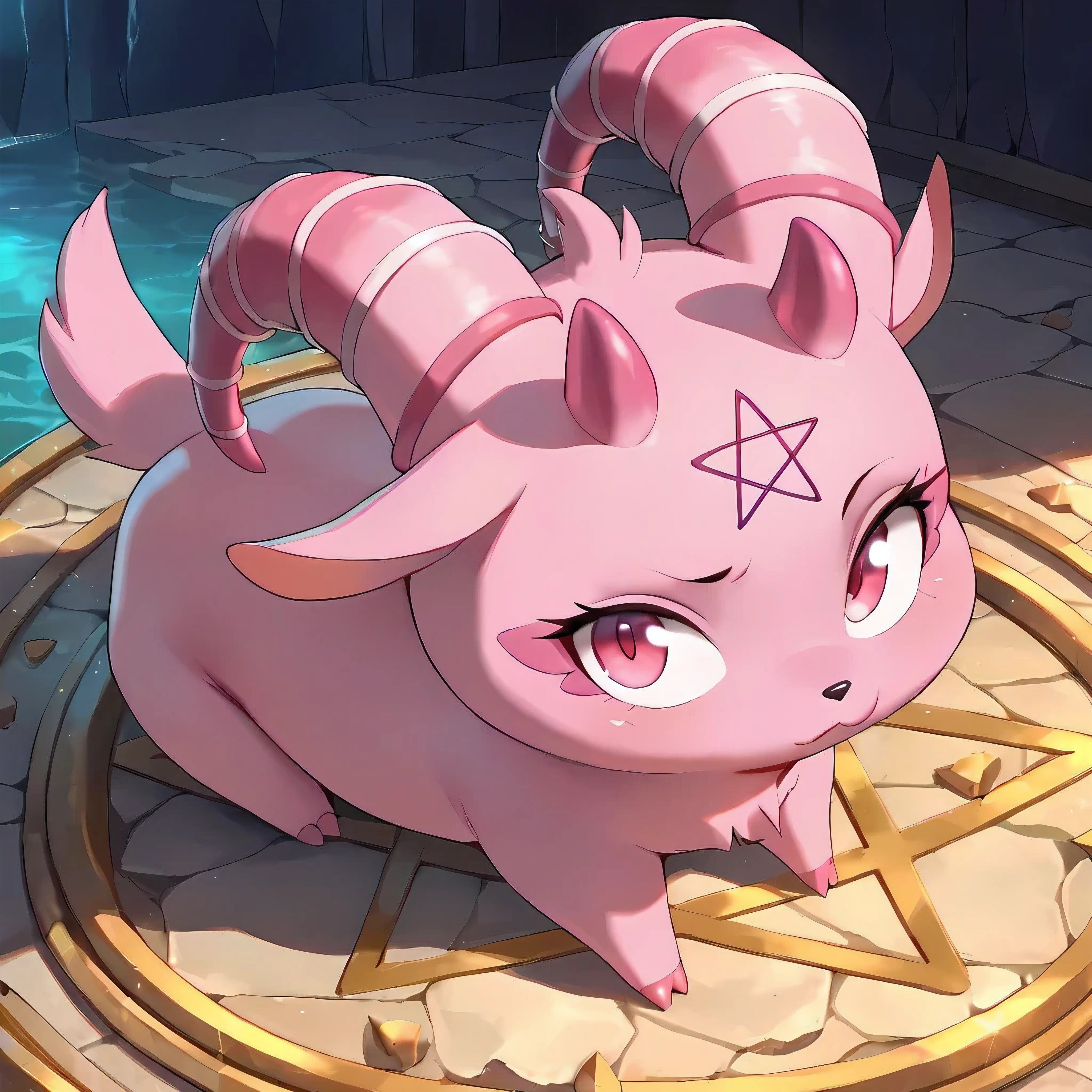 [New* Model Released] [🐑] - masterpiece, masterful, mythic, mythical, best quality, high quality, beautiful, anime, color, solo, male, GrimV2, animal, chibi_creature, small, pink furs, pink curved horn, pentagram on forehead, short_snout, large pupil, 