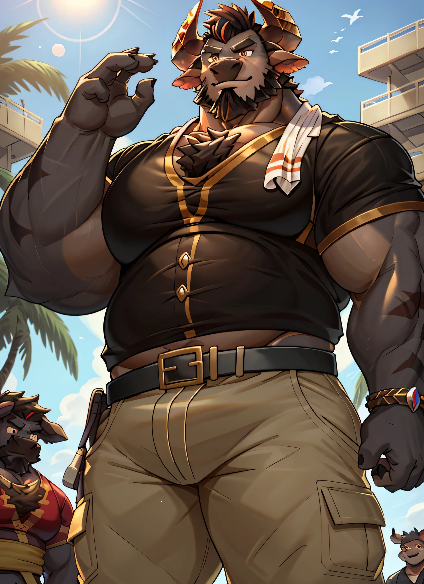 dark skin, Gray skin, Solitary, Looking at the audience, shirt, 1 boy, Male focus, belt, Pants, Chubby, Chubby, Set, Social Clothing,Huge crotch、Big Crotch、Amazing muscular slut(160%)、Crotch swelling、white crotch、nude、Light prairie、Happy Trail、belly button hair、chest hair、Body hair all over the body、White body hair、Strong Man, Solitary, Looking at the audience, summer,Muscle Man,((Bearded)),middle aged,quality,Golden Eyes,Raise your left hand,Rich colors,Very detailed,Refined style,,((Black Dragon)),Positive posture、Slightly fat,Nipple Rings、thick body