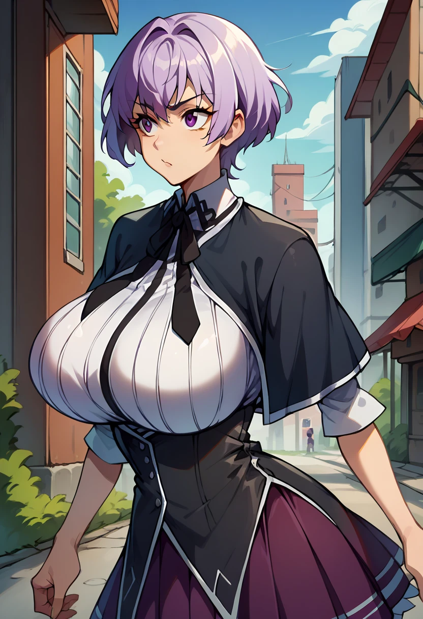 a pink haired woman with violet eyes with an hourglass figure with short hair  is doing an experiment 
