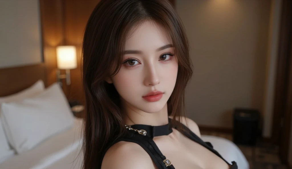 Canon RF 85mmf/1.2,masutepiece,Best Quality,超A high resolution,tu,1 girl,(Korean mixed,Kpop Idol:1.2),Solo,white_shiny_skin,Black eyes,Necklace,brown_long_Wavy_hair,Red lipstick bright_shiny_Lips,Eyelashes,Bangs,deal,make - up,shiny,Pore,skin texture,Bracelet,off shoulders,See-through,Big breasts