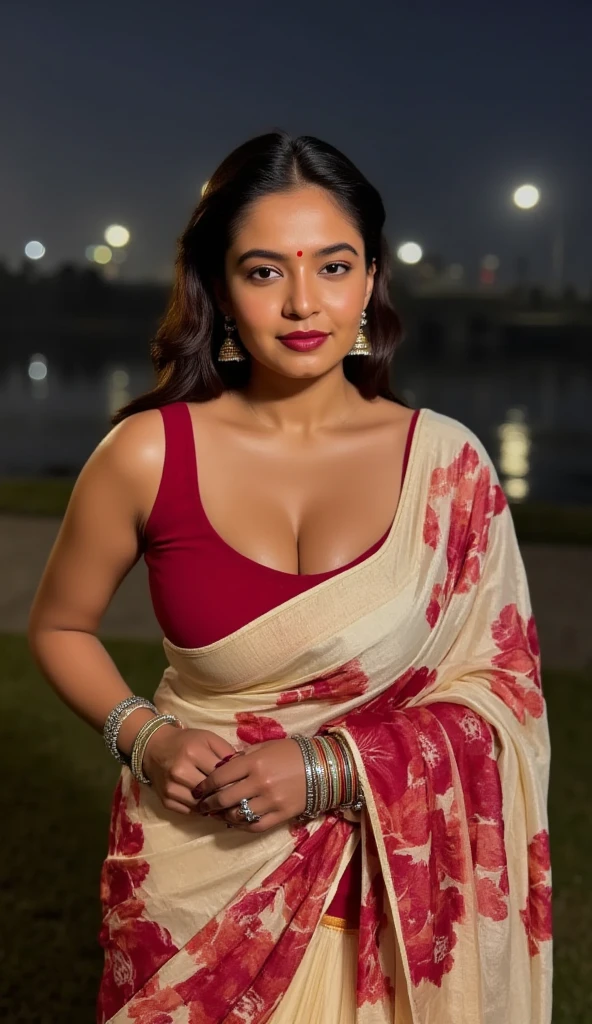Day scene, close up photo of a sexy Indian maid, cleaning floor in a palace, big cheeks, curvy, super stylish red dress with wide open breasts, accessories, earrings, necklace, erotic face, 36 yo, ponytail, look at viewer and smile, (cinematic:1.3), intricate details, (ArtStation:1.2)