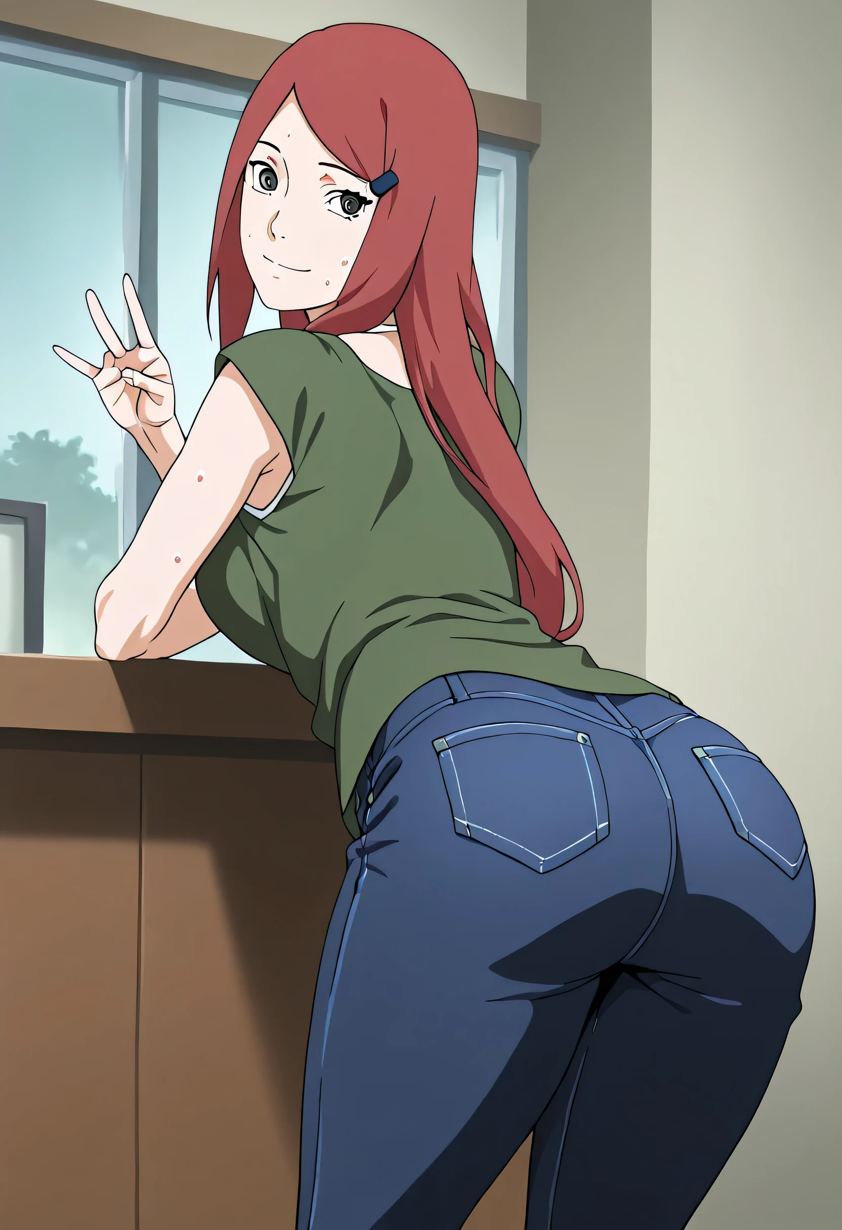 1 girl, Mother kushina uzumaki big breasted , head tilt, smile tank top jeans attractive thighs (( sweat all over vapor Crack Leaning forward)), showing bum, green eyes, bj gesture , looking back, back view