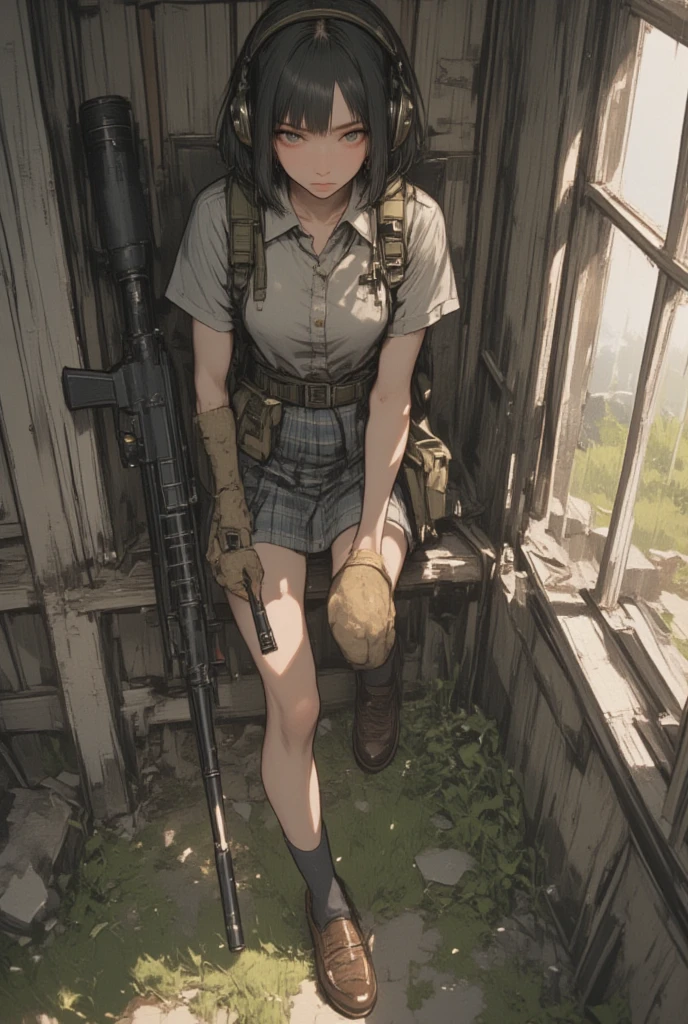 A age Asian girl, with short, dark hair, is positioned in the upper right of the frame, leaning out of a window. She is wearing a light-colored, likely white, collared shirt and a plaid, gray and navy blue, school-style skirt. She is wearing a pair of dark-colored socks and brown leather loafers. She is wearing tactical-style headphones and a tan-colored tactical glove on her right hand. She holds a black assault-style rifle, equipped with a scope, angled towards the viewer. Her expression is serious and focused. Her body is slender, and she appears to be in a somewhat crouched or ready-to-move pose, indicating action or readiness. The window frames a portion of a weathered wooden house and a grassy yard. The background is slightly out of focus, with muted colors of light brown, gray, and greens. The lighting is natural daylight, casting subtle shadows around the subject and the building. The overall style is photorealistic, with a focus on detail, but with a tense, tactical edge created by the weapon and the girl's position. The perspective is slightly low, allowing the viewer to see her from the waist up. Important details include the tactical gear and the school-style uniform.
