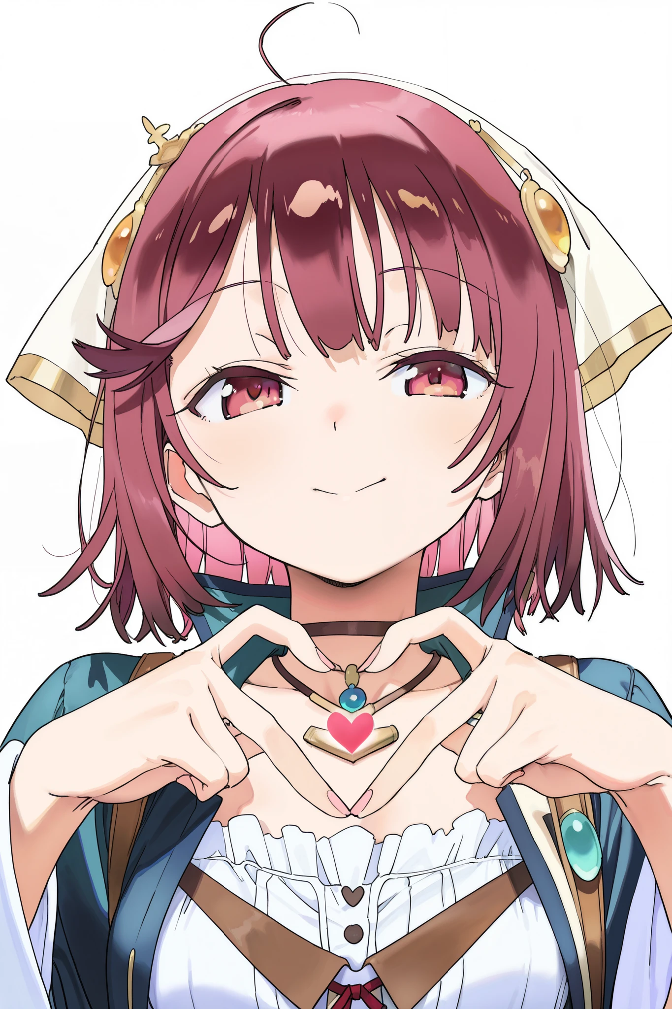 score 9, score 8 up, score 7 up, ultra-detailed, (best quality, masterpiece, ultra detailed, ultra high res, absurdres, high-resolution, highest quality, very aesthetic, textile shading), source anime, (detailed eyes), (detailed face), , , simple background, white background, (Number of fingers is 5), BREAK, (dorontabi), 1girl, solo, (sophie neuenmuller), (atelier /(series/)), (atelier sophie), heart hands, portrait