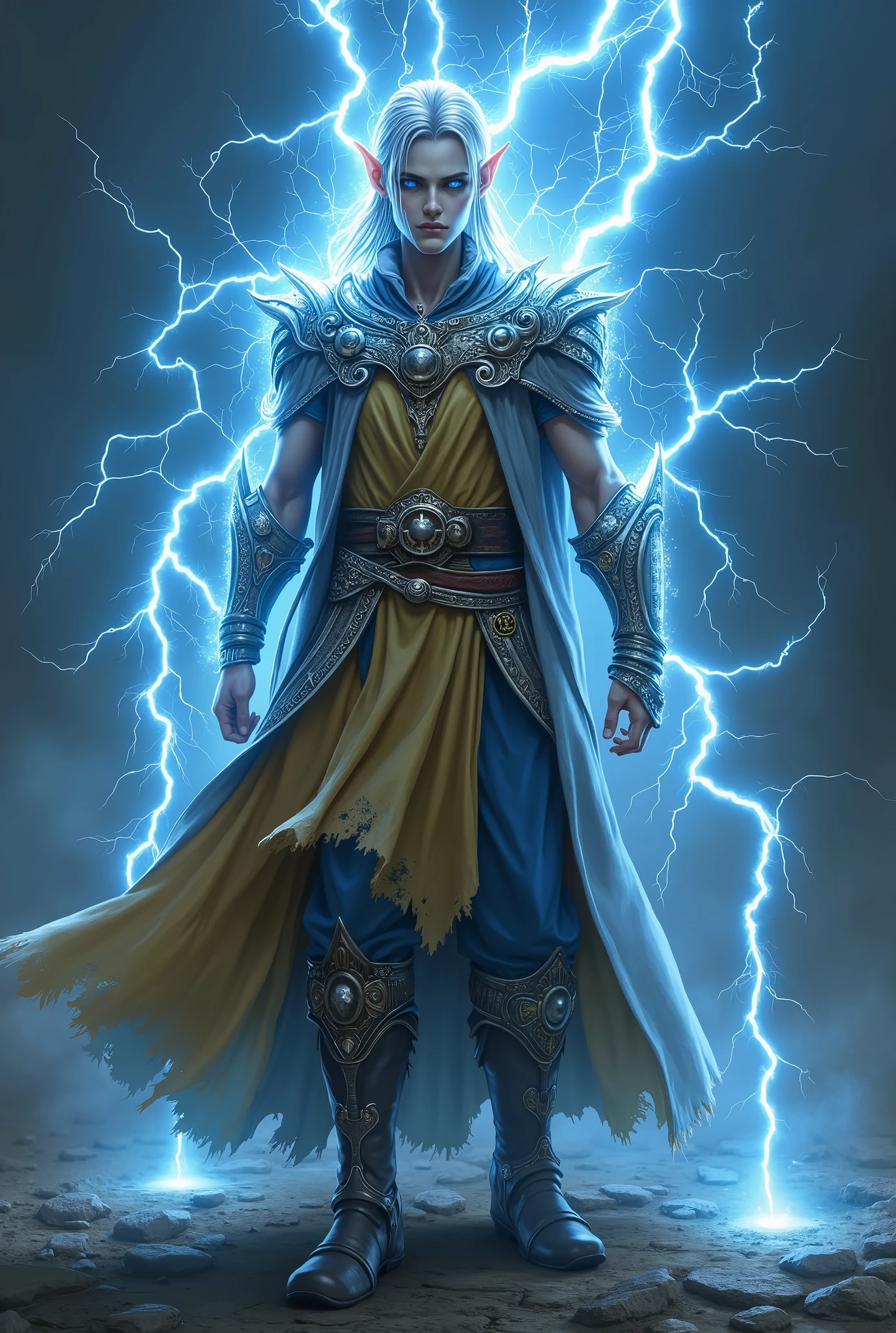 A typical elf, he has silver or electric blue hair that glows faintly in the light, and vibrant eyes of lightning blue or blazing gold, pulsing with energy. His skin can be pale with bluish highlights or gray like storm clouds, often marked by luminous veins resembling cracks of thunder.
His body radiates an electric aura, making the air around him crackle with tiny sparks, and when he moves, his extreme speed leaves fleeting trails of blue light. His voice has a resonant, charged tone, like the distant echo of thunder. He has a thin but well-defined body.
He wears light armor and robes adorned with conductive metals, often studded with pulsating runes, channeling his electricity for lightning strikes. Beneath the armor, a shirt and pants made of tough medieval-looking fabric, usually a mix of yellow and silver or blue and silver. Very sturdy leather boots