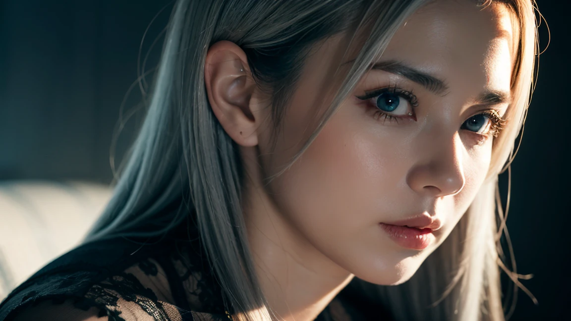 Silver hair, Multicolored eyes, Cat ear headphones, Seductive smile, modern, OP Art, Vignetting, Red fluorescent lamp side lighting detail,Ray tracing, Glowing light, Eye level shots, From the outside, foot out of frame, hyper HD, Textured skin, High details, 1080p, Best quality