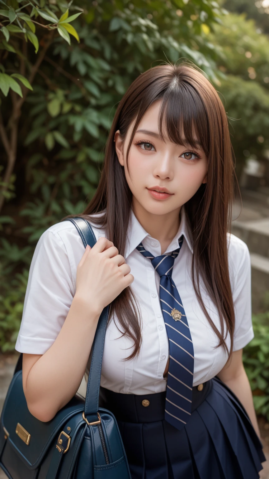 mix4, (16 K, Raw photography, Top image quality, masterpiece: 1.45), (realisitic, Photorealsitic: 1.37), one girls, 7.5, etc,cute little, A city scape,, profetional lighting, photon maping, Cityscape with street trees, physically-based renderingt, Gradient dark brown hair,, a handsome, Well-groomed and beautiful eyes、二重まぶた、girl with, (((student clothes、Long sleeve shirt worn by Japan high school girl、Navy blue vest、Ribbon-shaped tie、Dark blue over-the-knee skirt, Navy Blue Beret、Dark blue knee-high socks、Black loafers))), Top Quality Photos, hight resolution, 1080p, (clearface), (Detailed face description), (Detailed hand description), (masterpiece), (Exquisite CG)、extreme light and shadows、dishevled hair、master work、abundant detail、(Fine facial features)、(top quality photo)、(masuter piece)、(A detailed eye)、Look in front of you、Fine clavicle、((Slender big))、(((Japan schoolgirl wears a long-sleeved shirt)))、((Sexy Idol System))、((Gingko tree))、(Shooting from random perspectives)、(((Anyway cute)))、耳Nipple Ring、A big smile:1.4、Drawing the whole body from the knees、Do not draw nasolabial folds、(((On the Japan is a black leather sports bag used by female students.1There is a)))、(Big breasts that hang down big:1.5)、Big buttocks with tension、Two arms and two legs、(((from the front side:0.7)))、bare hand、