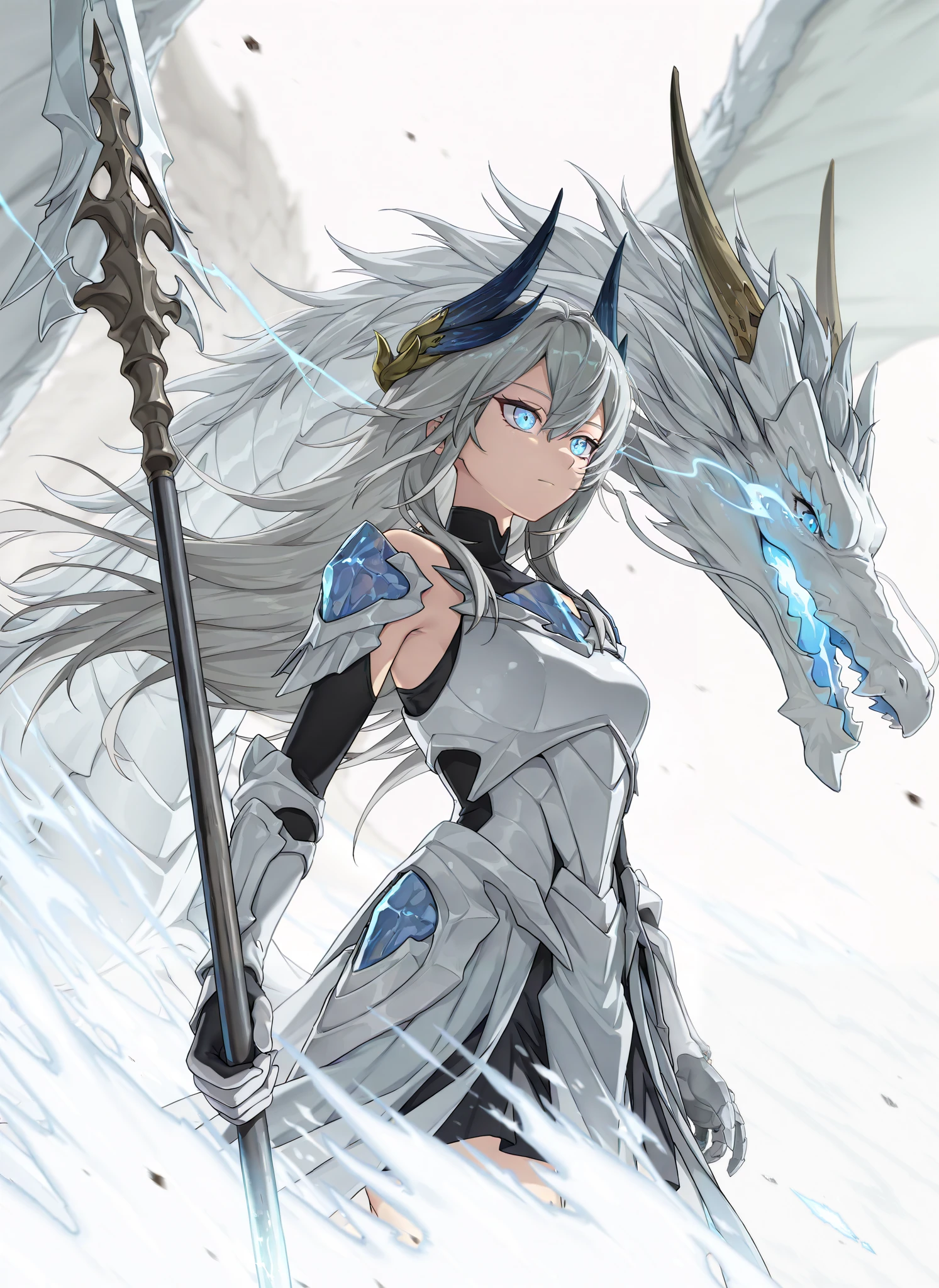 by [arknights|(748cmstyle:0.5)], mature, young adult, masterpiece, best quality, amazing quality, very aesthetic, high resolution, ultra-detailed, absurdres, newest, scenery,
1girl, woman, solo, alone, single character, (side shot, action shot, upper body focus, cowboy shot:1.0), Bella, Bel_Stigmata,glowing eyes, blue eyes, gray hair, grey hair, hair between eyes, long hair, greco-roman clothes, ancient greek clothes, Dragon wings, (Blue Eyes White Dragon:1.7), armor, white armor, ice magic, ice and thunder, light trails, dragonborn, draconic armor, scale armor, short skirt cape, (dragon spear, long lance:1.33), energy tunnel, crystal energy, (crystal armor:1.33), archangel, dragon archangel, seraphim, tsurime, focus, battle trance, warrior,
BREAK, depth of field, volumetric lighting
 