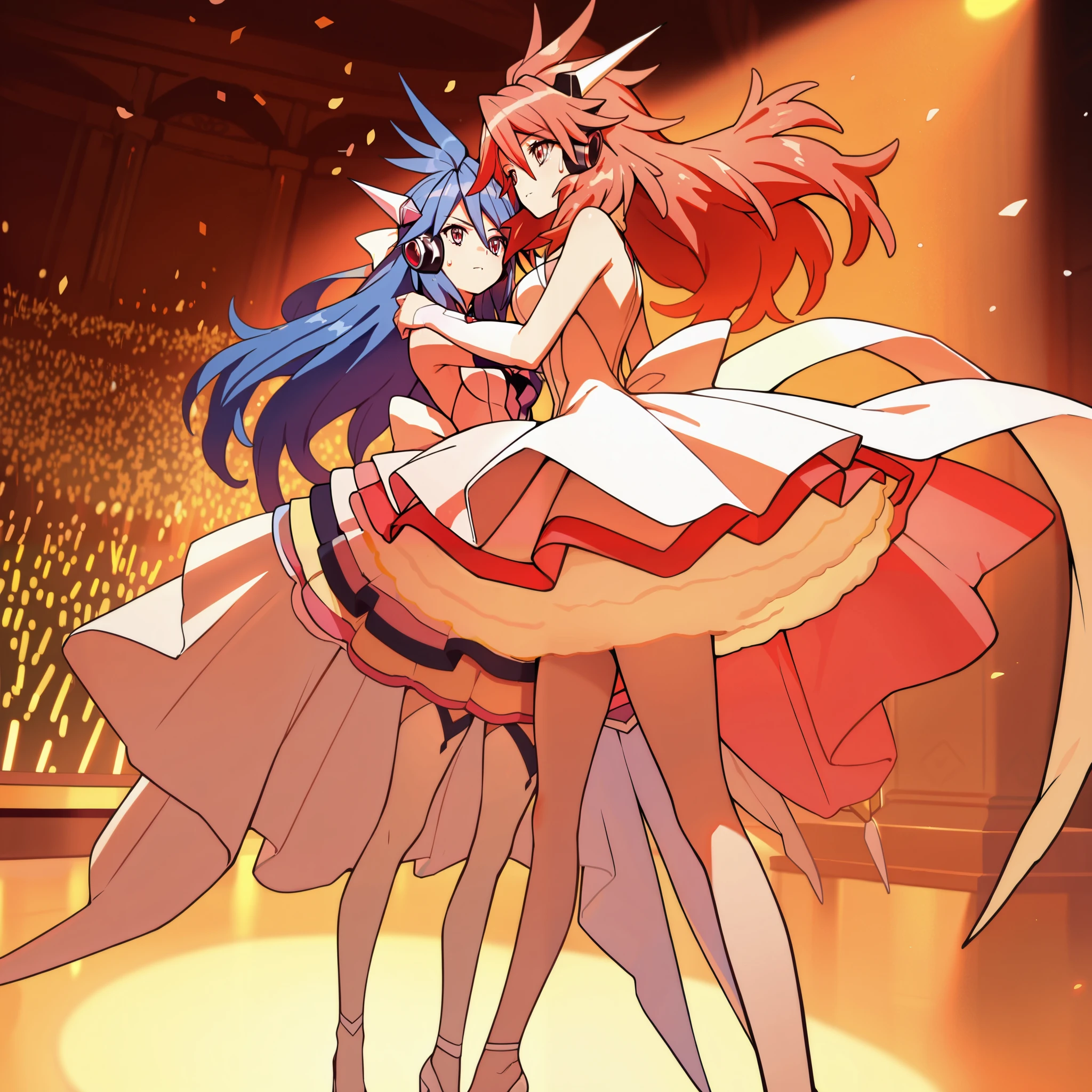 (( 2 women))、Zwei Wing、idol、((Sing and dance))、Spotlight、Shining Sweat、Kanade Amou,kazanari tsubasa、symphogear、戦姫絶唱symphogia、zweiwing、Tian Yuzou、Fengmingyi、dress, zweiwingdress、dynamic angle、(masterpiece:1.4), (best quality), (ultra detailed), (8k, 4K, intricate), (highly detailed:1.2),((highly detailed)),cinematic lighting,symphogia,symphogear,戦姫絶唱symphogia,official artview,