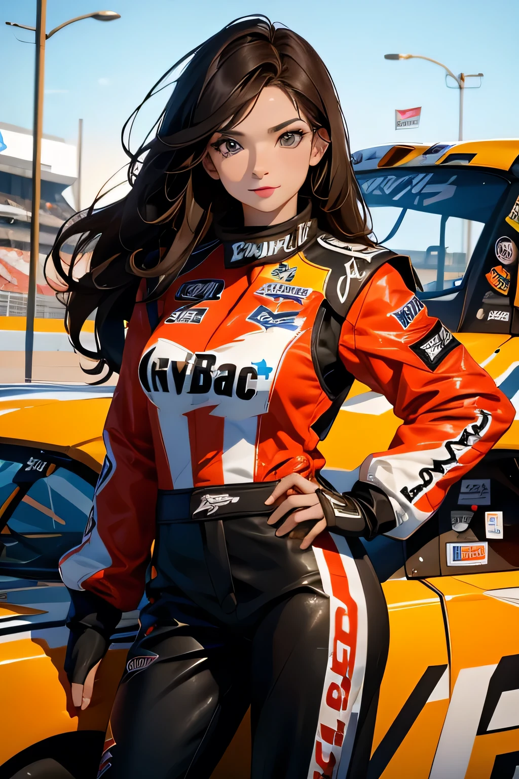 Beautiful brunette girl . She is 30 years old .black eyes . She's wearing a racing suit . She's driving a NASCAR .