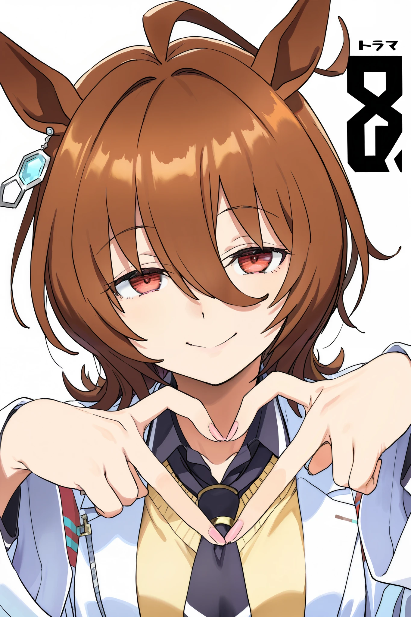 score 9, score 8 up, score 7 up, ultra-detailed, (best quality, masterpiece, ultra detailed, ultra high res, absurdres, high-resolution, highest quality, very aesthetic, textile shading), source anime, (detailed eyes), (detailed face), , , simple background, white background, (Number of fingers is 5), BREAK, (dorontabi), 1girl, solo, (agnes tachyon /(umamusume/)), (umamusume), heart hands, portrait, smile,
