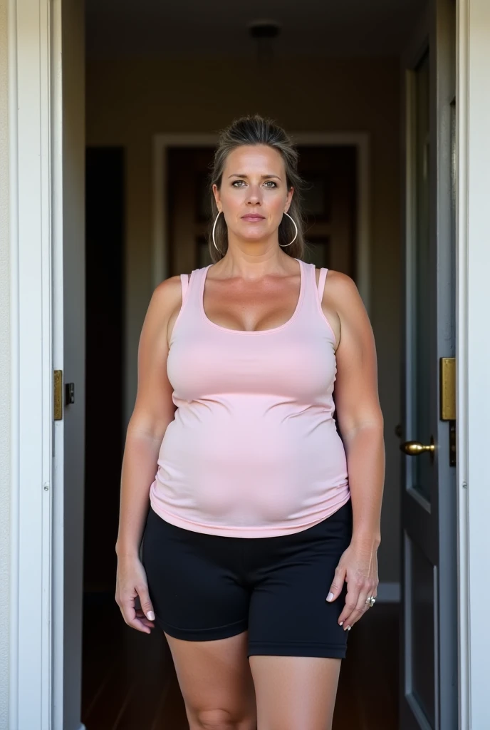 Two Fat woman, 40 years old white Caucasian woman walking outside, summer, day time, Mississippi, Gulfport, long straight slicked blonde hair, casually and daily dressed, big hips, thick thighs, casual clothed, natural huge breasts, selfie, no makeup, messy hair, morning face, chubby, see through t-shirt, no bra underneath, sad, sweaty , sweaty chest, wet breasts, big brown nipples, leggings pants, you can see the nipples through the tshirt