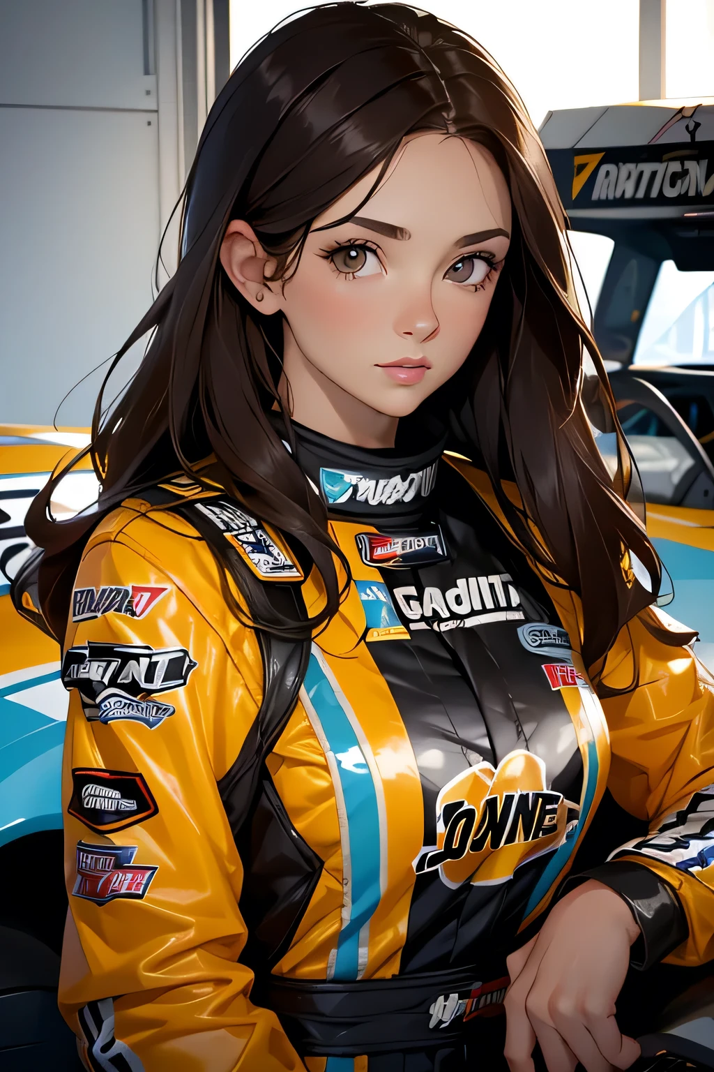 Beautiful brunette girl . She is 30 years old .black eyes . She's wearing a racing suit . She's driving a NASCAR .