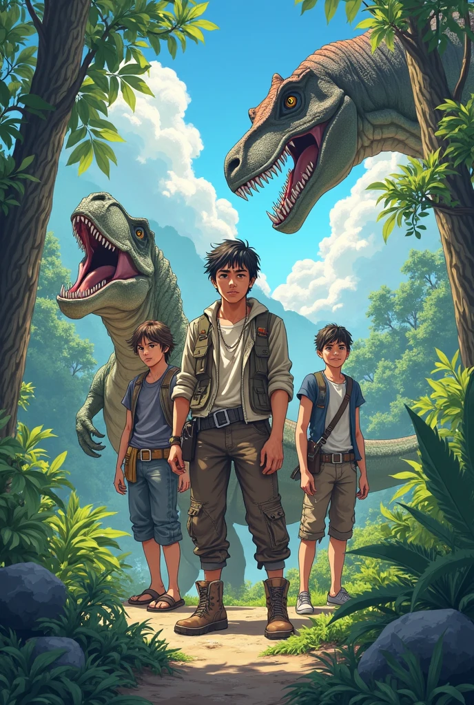 Create 4 boys, one of them has a winged machete, there is an Asian girl, there is also a dinosaur and a spiderman.