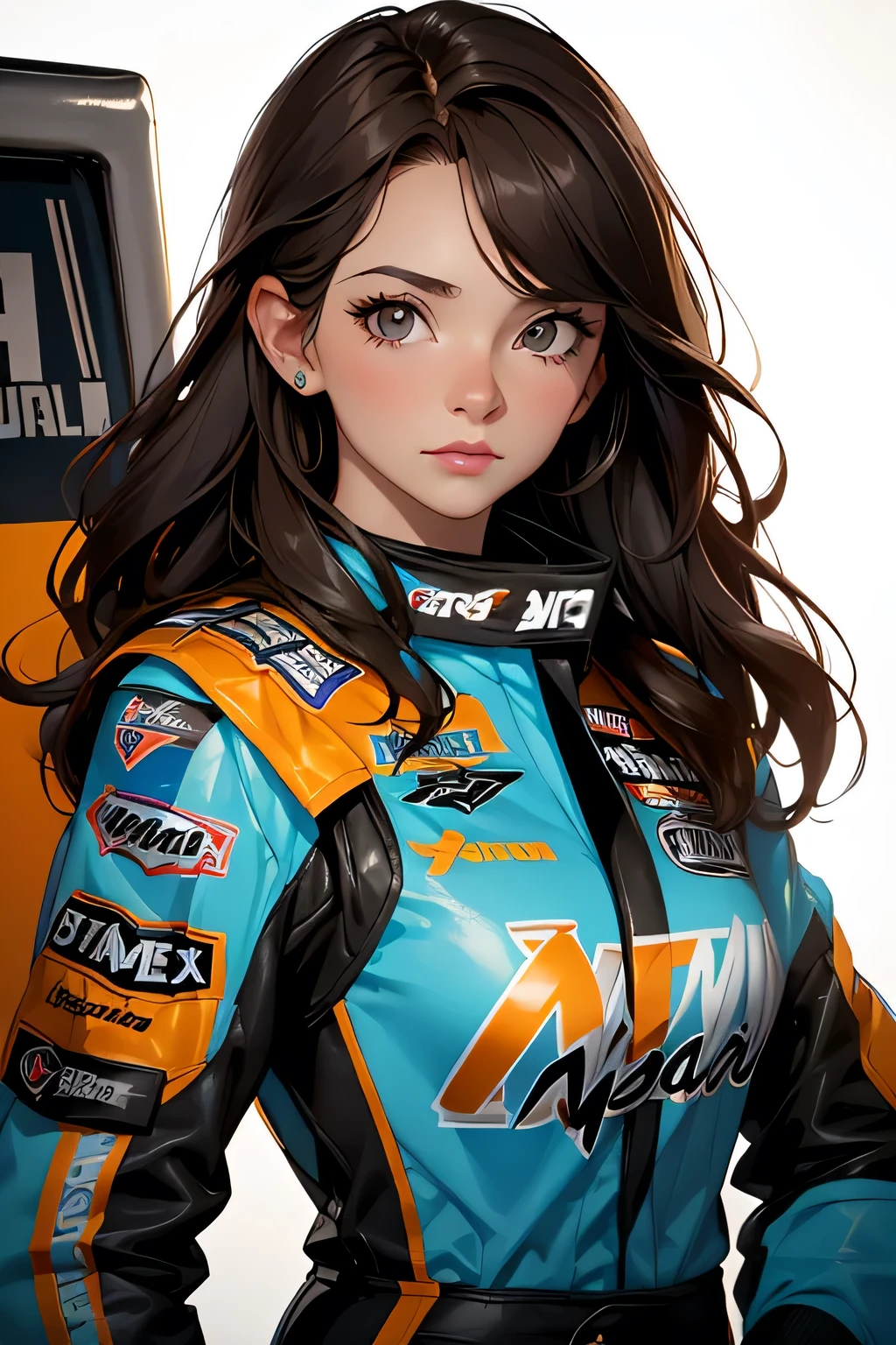 Beautiful brunette girl . She is 30 years old .black eyes . She's wearing a racing suit . She's driving a NASCAR .