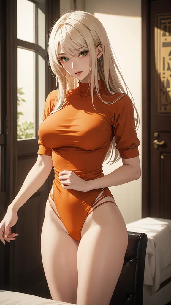 Young blonde beauty、slender、Standing posture、Shake your hips、A thin, sheer, red high-cut leotard、Red string inner shorts、Cleavage、Nipple protrusion