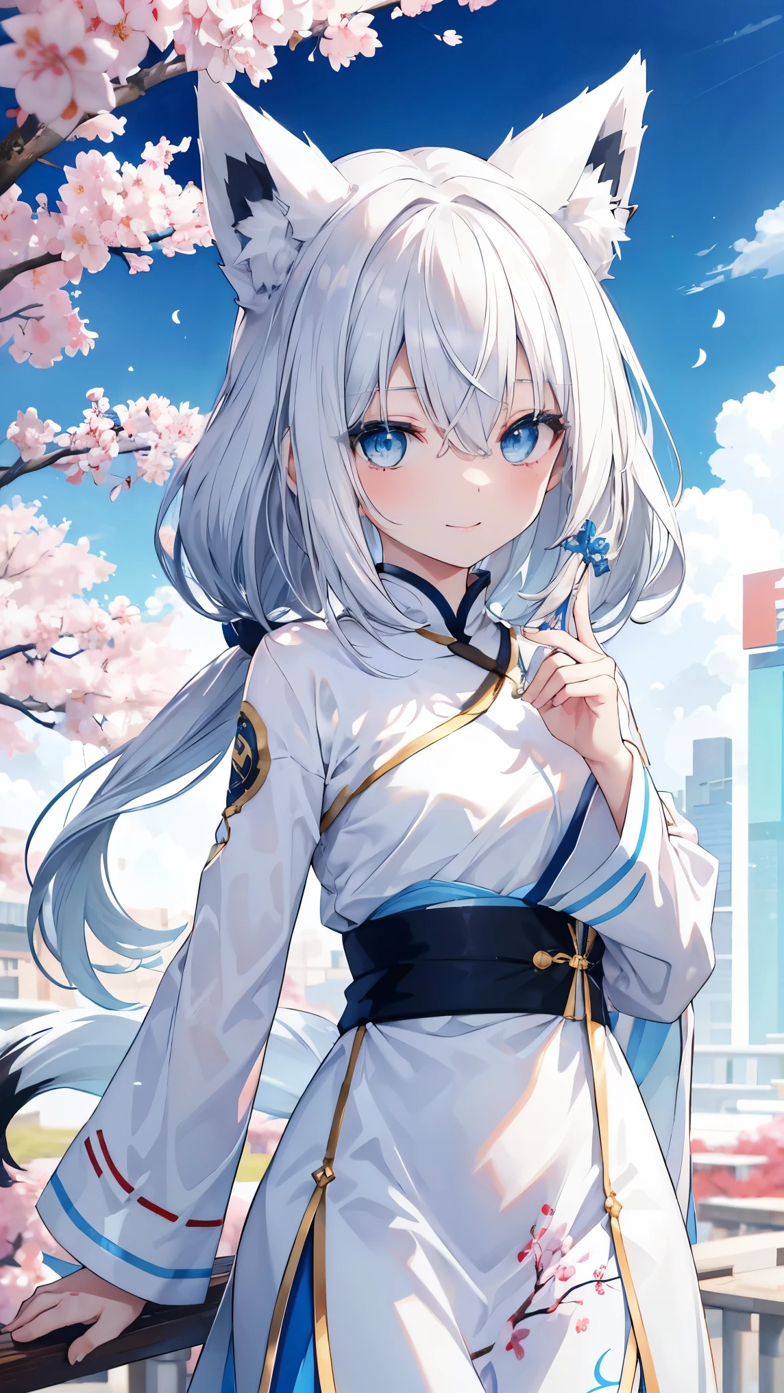 top quality、、(Whitening skin,)、 Silver Hair、light blue eyes,Petite、slender、(,Qipao,),cherry blossoms,smile, fox ears,Fox Tail,,toned body,
