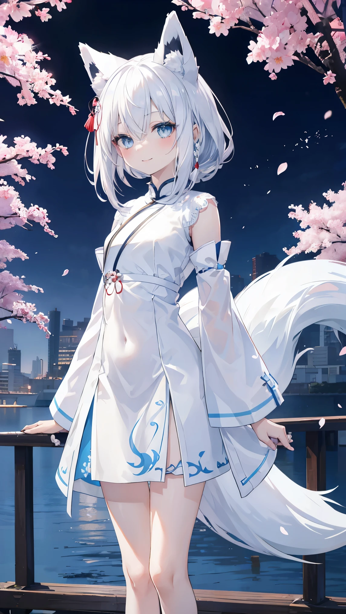 top quality、、(Whitening skin,)、 Silver Hair、light blue eyes,Petite、slender、(,Qipao,),cherry blossoms,smile, fox ears,Fox Tail,,toned body,