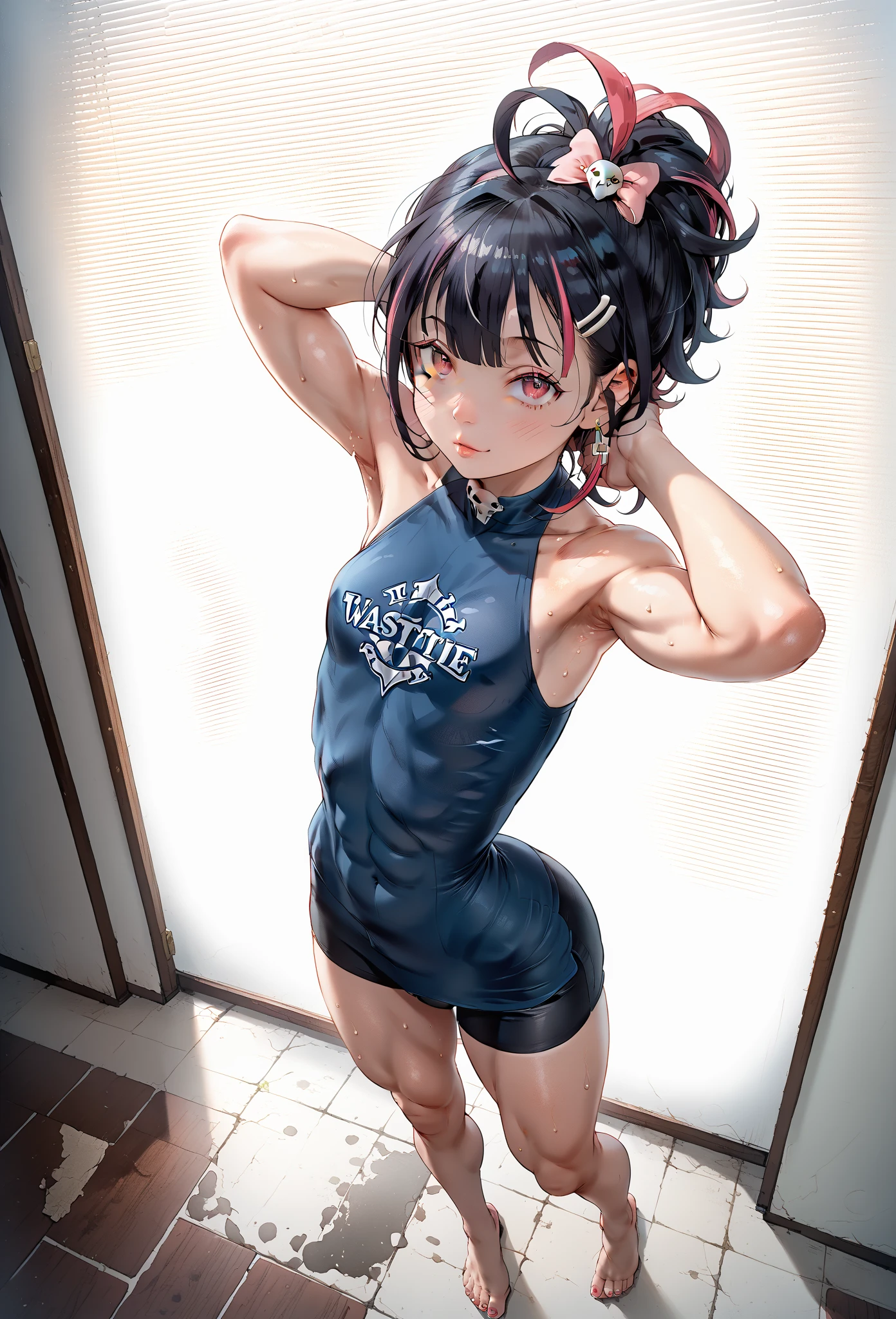 Highest quality、Complete limbs、Full Finger、Beautiful girl 、Black Hair Girl 、Girl with straight hair 、女子wrestlingラー、((A girl wearing a navy blue one-piece school swimsuit:1.3))、((Wearing brown pantyhose:1.3))、((wrestling))、Combat Stance、男性wrestlingラーと戦う少女、Big smile、audience , (彼女は男性wrestlingラーに背後から襲われる) , Huge breasts