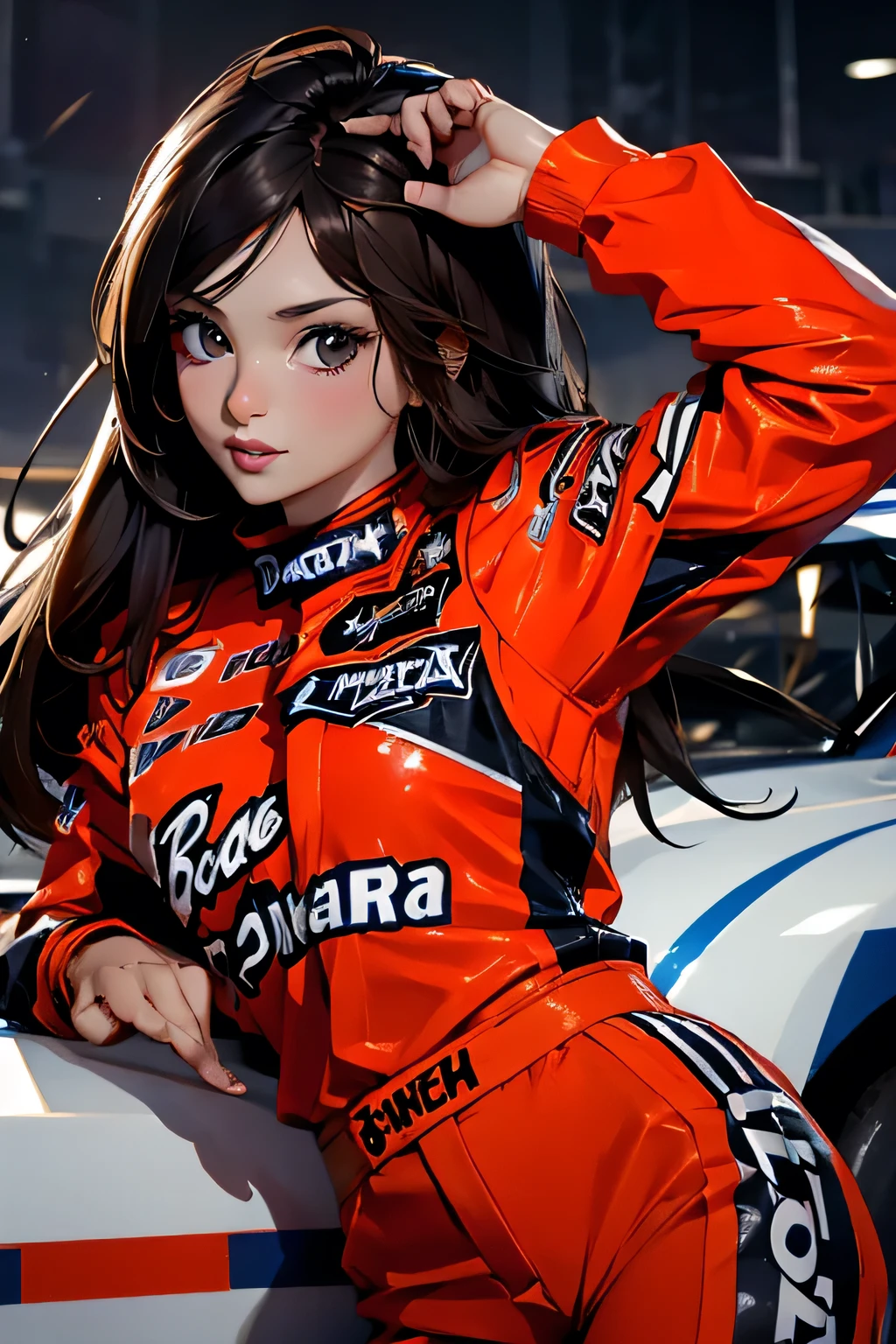 Beautiful brunette girl . She is 30 years old .black eyes . She's wearing a racing suit . race She's driving a NASCAR . Participates in the .