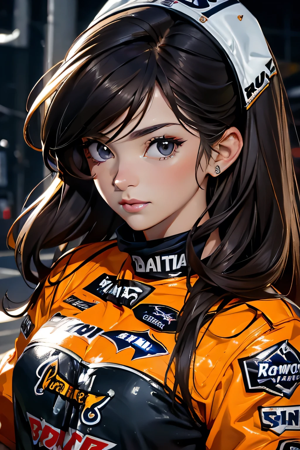 Beautiful brunette girl . She is 30 years old .black eyes . She's wearing a racing suit . race She's driving a NASCAR . Participates in the .